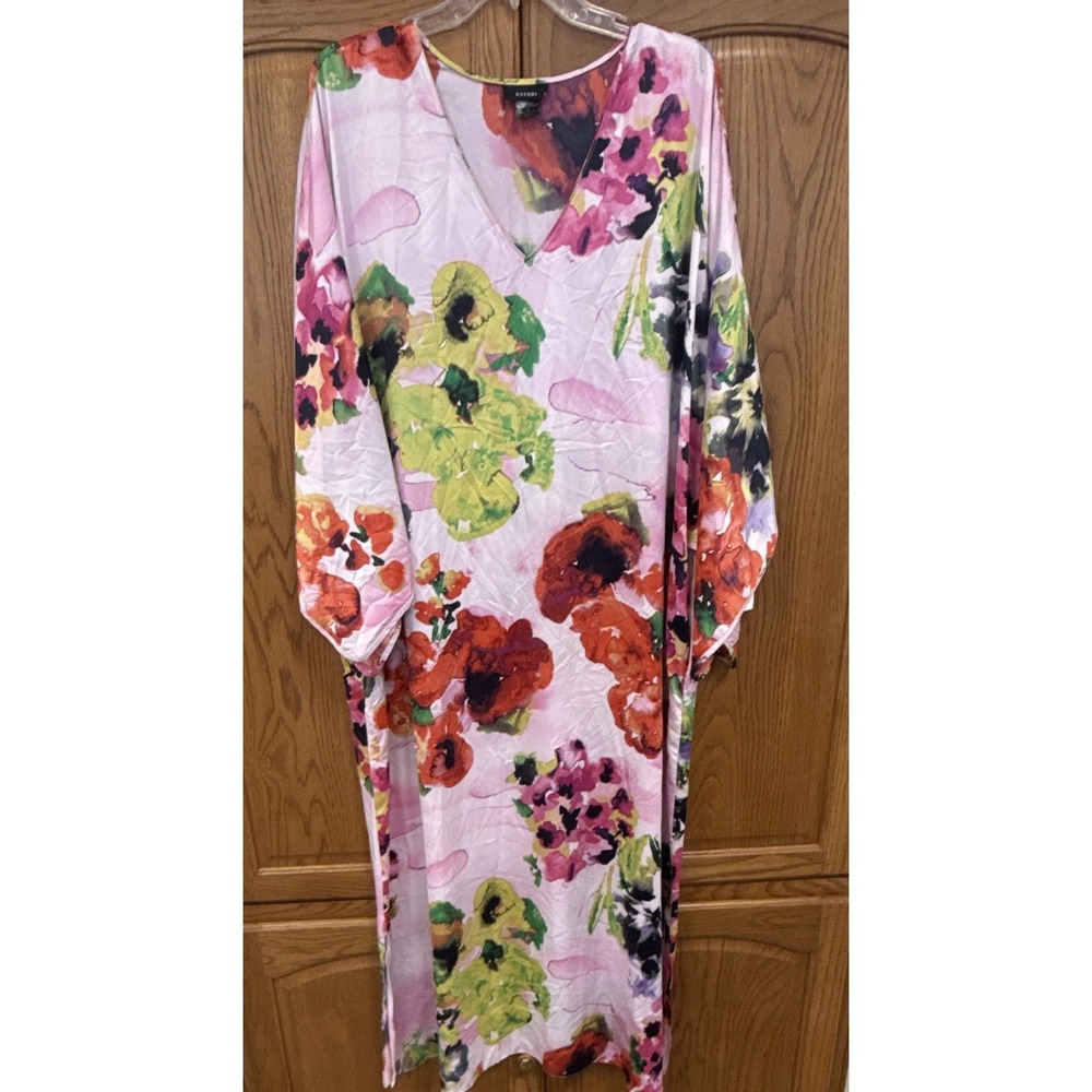 Natori 1X Calypso Floral Charmeuse Caftan Dress Beach Resort Swim Cover Up Maxi